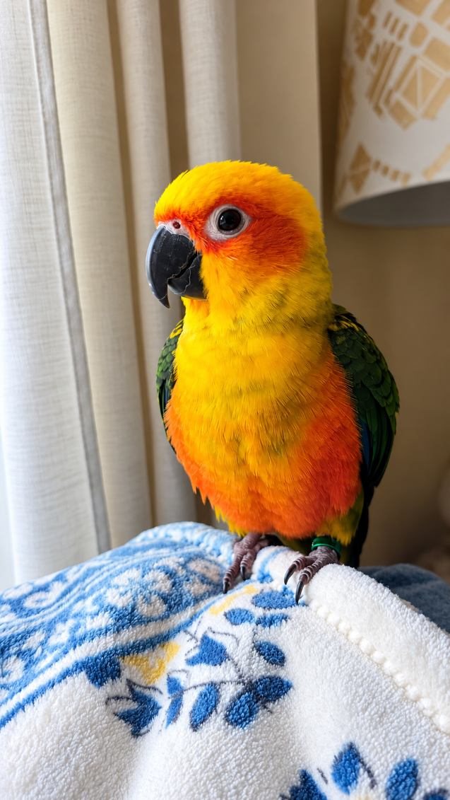A sun conure snuggled on a blanket