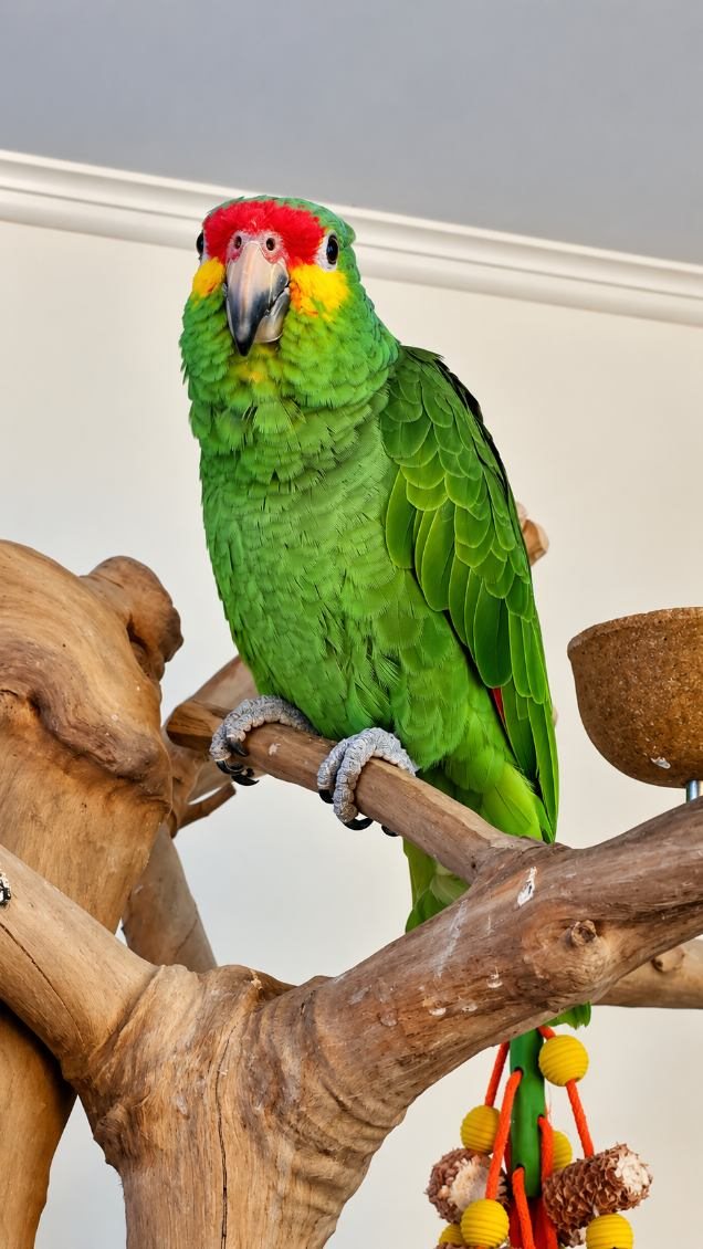 A green Amazon parrot with a red forehead on a wooden perch